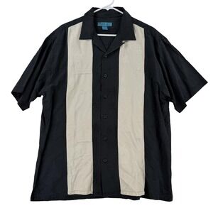Paradise Blue Shirt Mens Large Black Silk Short Sleeve Retro Bowling Hawaiian